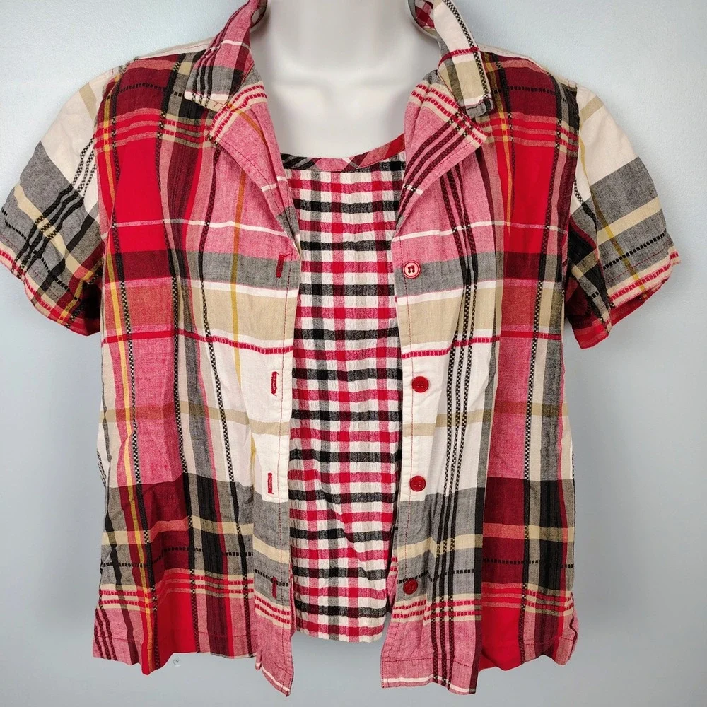Cabin Creek Women Petite Medium Red Plaid 2 Piece Shirt and Tank Set cottagecore
